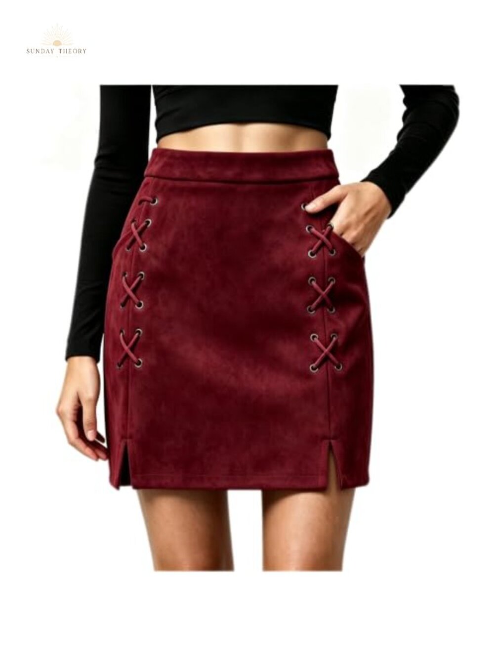 High Waist Faux Suede Lace Up Side Slit Bodycon Mini Skirt